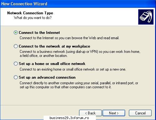# dupa ce apare fereastra network click pe create a new connection . 
# apare new connection wizard,